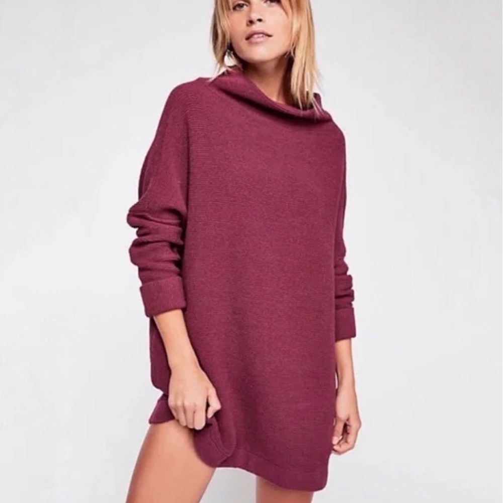 Free People Ottoman Slouchy Tunic Sweater Oversize Mock Neck Maroon Size Small
